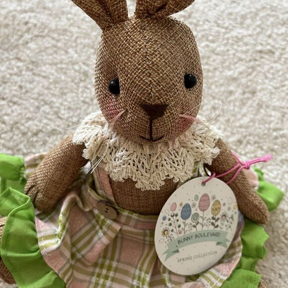 Bunny Boulevard Easter Bunny Rabbit Plush Floppy Ear Pink Gingham Dress Brown - Picture 2 of 9